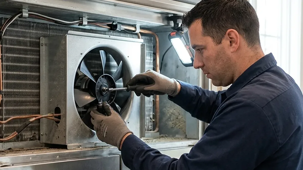 Technician replacing a fan in the top compartment of a warm Sub-Zero refrigerator in an Anthem home