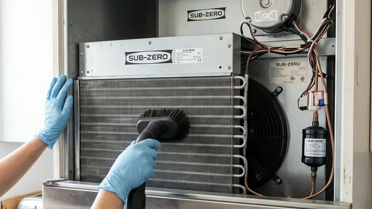 Technician brushing dust from the condenser coil of a built-in Sub-Zero refrigerator in a McCormick Ranch home