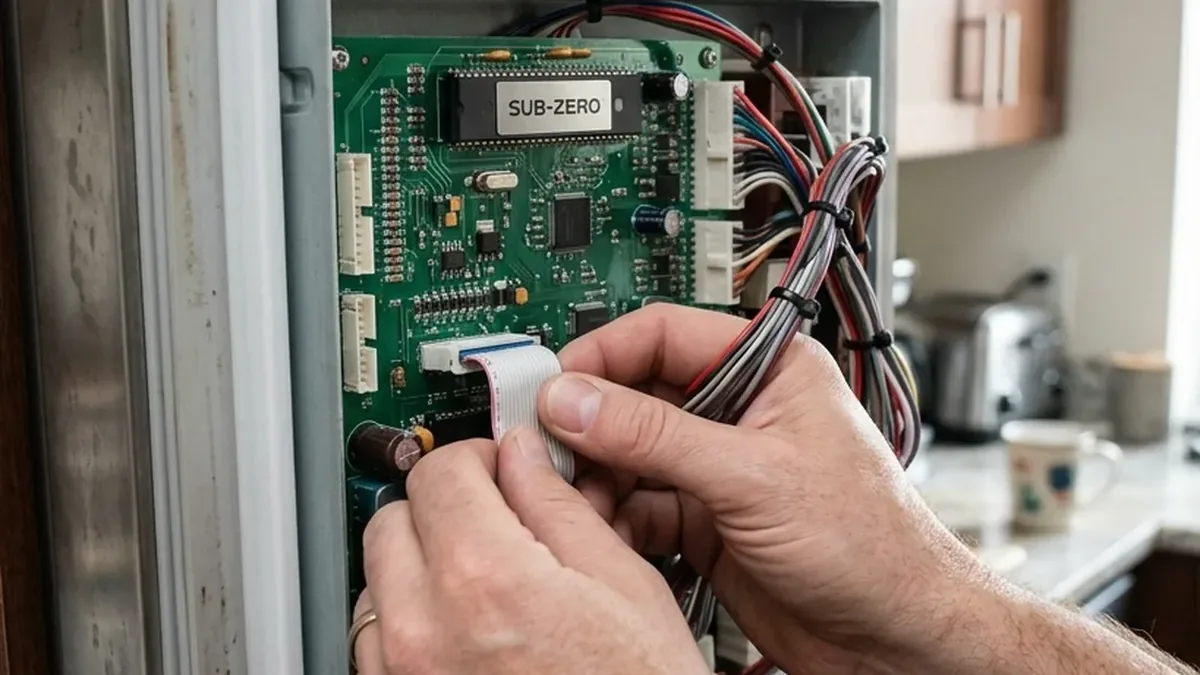 Technician unplugging the harness from a Sub-Zero control board during a Rio Verde repair