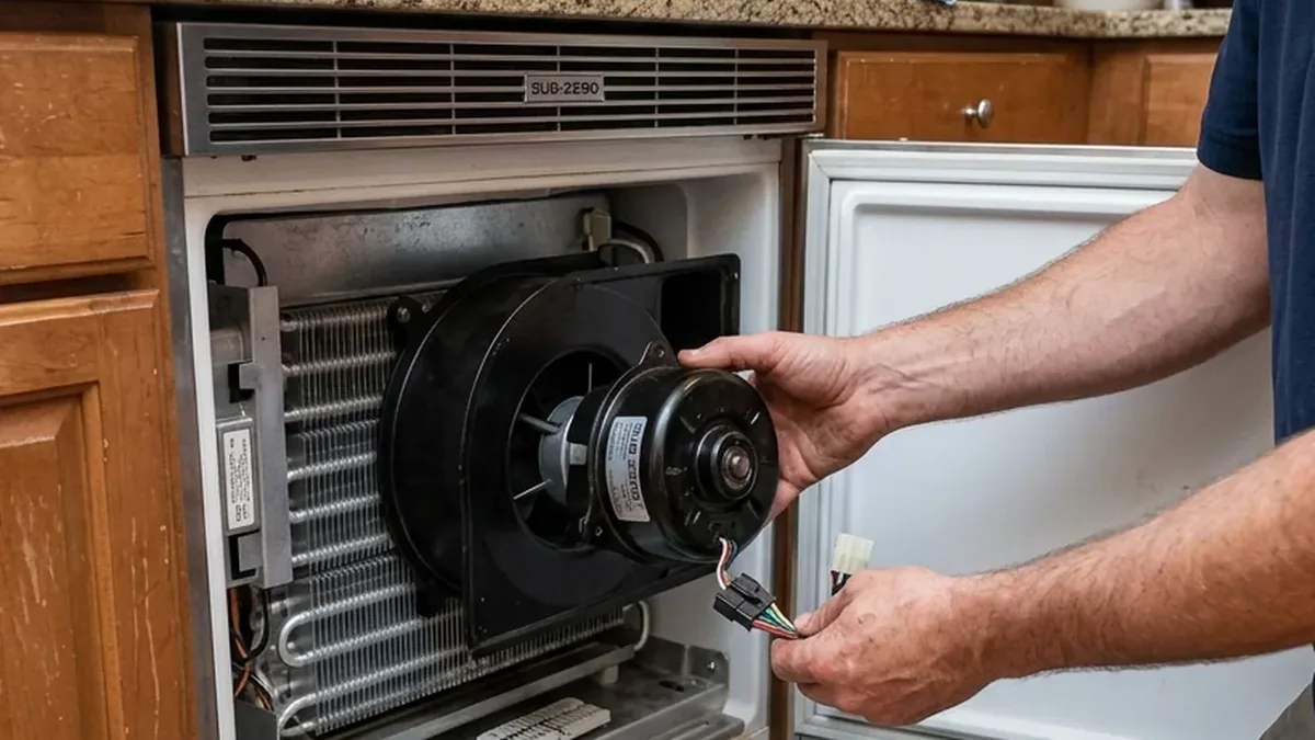 Technician removing the evaporator fan motor from a built-in Sub-Zero in a Fountain Hills home