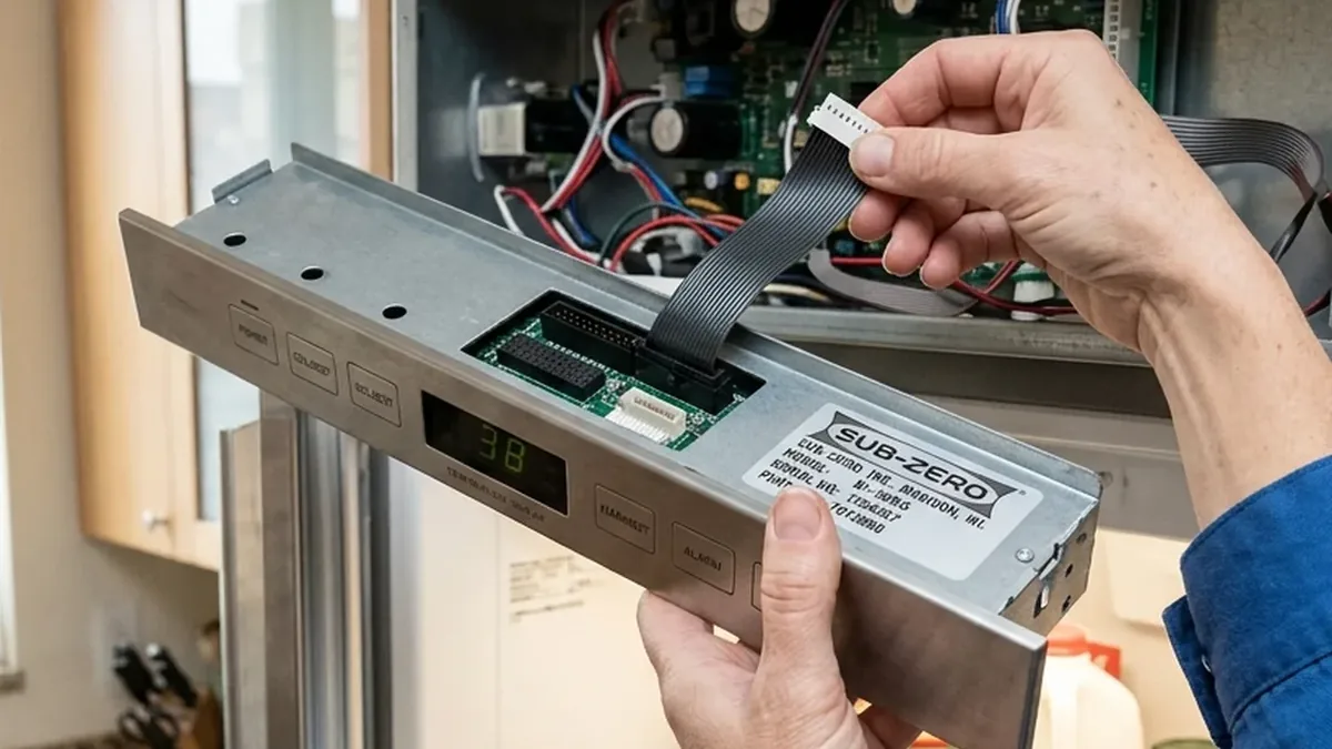 Technician reconnecting the control and display panel of a Sub-Zero refrigerator in a Grayhawk home
