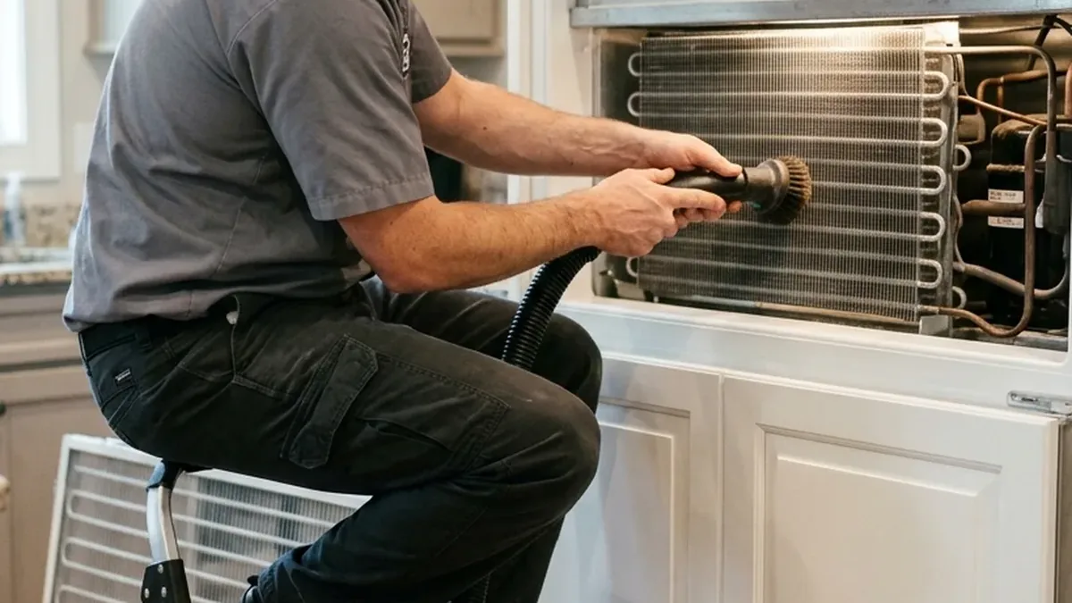 Technician brushing the condenser of a Sub-Zero that runs nonstop in a Desert Mountain home