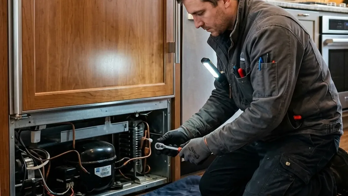 Technician inspecting the control panel of a built-in Sub-Zero refrigerator