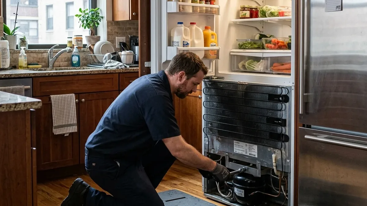 Certified technician repairing a built-in Sub-Zero refrigerator in a Scottsdale home