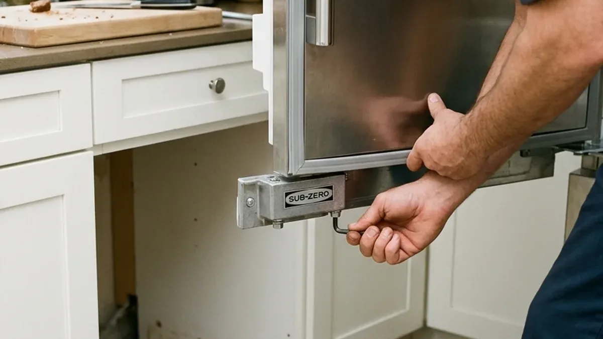 Technician adjusting the hinge of a built-in Sub-Zero refrigerator door in a DC Ranch home