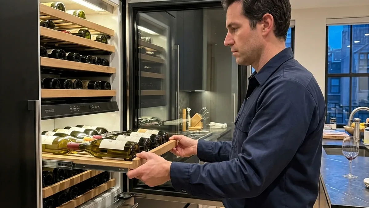 Technician checking the temperature display on a built-in Sub-Zero wine cooler